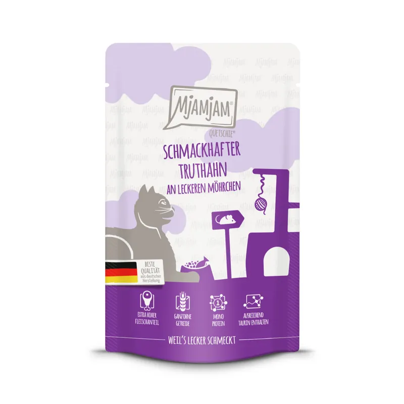 Sparpaket 12 x 125 g Mjamjam Quetschie Schmackhafter Truthahn an leckeren Möhrchen Katzen Nassfutter Must-Have